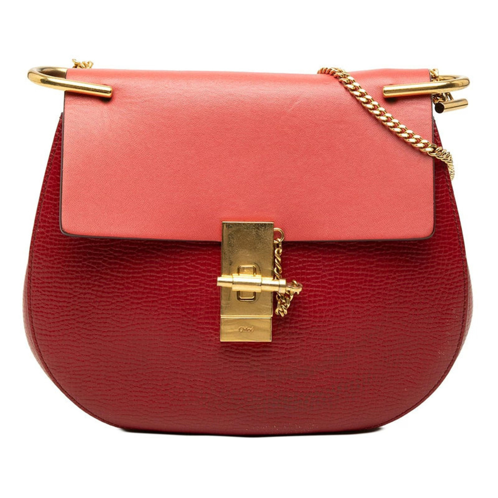 Chloe Drew Crossbody Chain Shoulder Bag Red Gold Leather Plated
